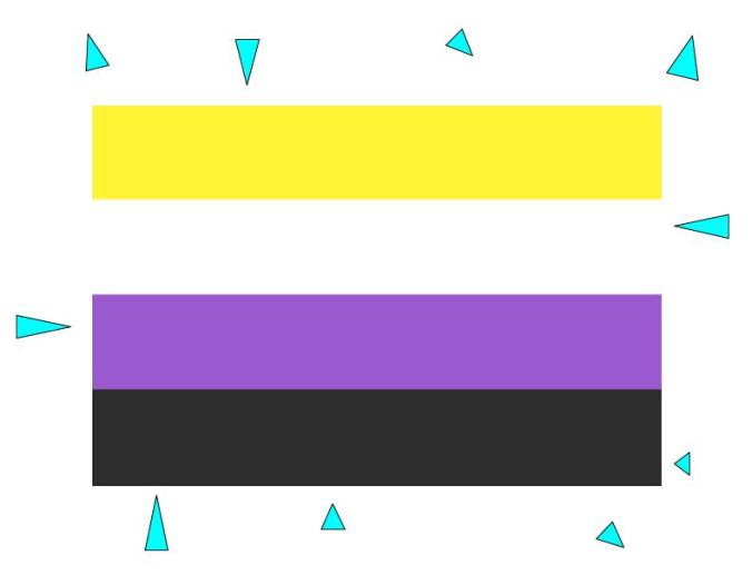 The nonbinary flag is surrounded by triangles of all sizes pointed in all different directions. It's a little busy for an image, to be honest. Anyway, apologies again for such a heavy-handed visual analogy, and I hope I haven't been patronizing in these alt tags. I promise to be more thoughtful about the way I present my ideas.