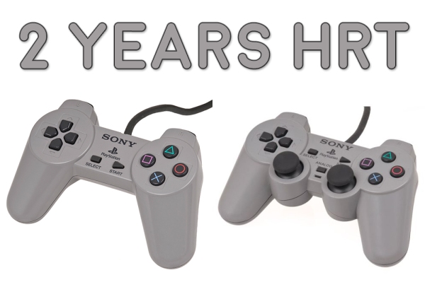 The image caption says 2 Years HRT and shows two video game controllers. They look the same except the controller on the right has two big joysticks in the center, making it look like it has boobs. Yeah, yeah, I have the maturity of a 14-year-old. Blame it on second puberty.